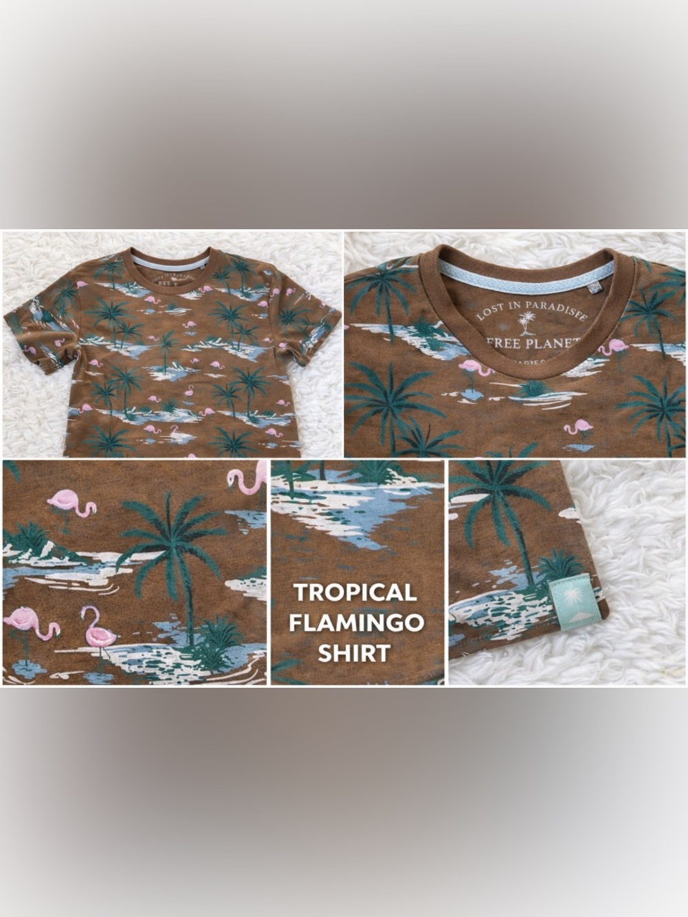 Free Planet Lost inParadiseTropical FlamingoTee Brown Adult Small Organic Cotton